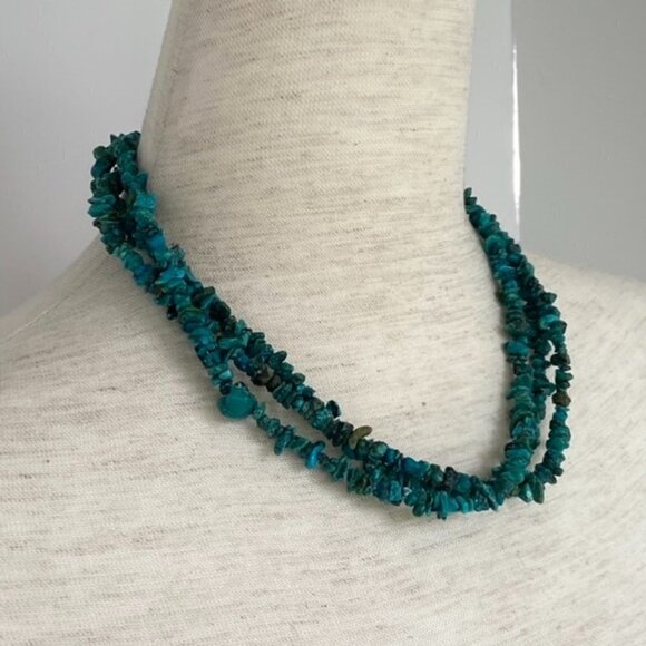 Triple Strand Blue Green Beaded Dyed Turquoise Chip 18" Necklace Toggle Closure - Picture 16 of 16